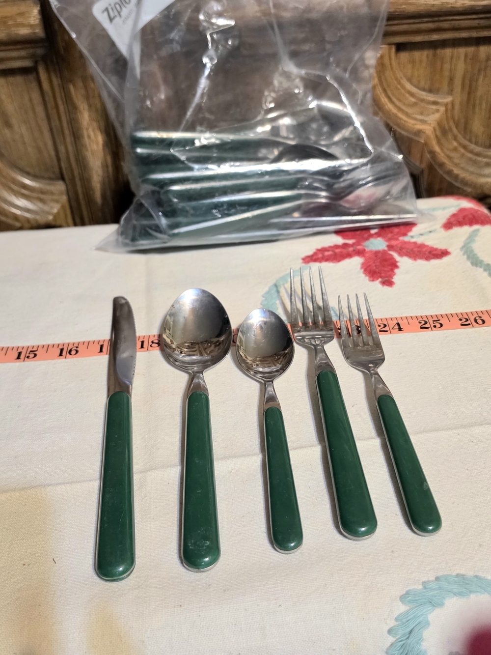 Select Green and silver flatware, 6 sets, 5 piece each set (30 total pieces)